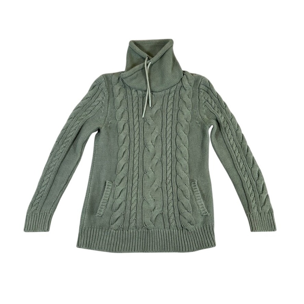 LL Bean Womens Medium Green Cable Knit Funnel Neck Cotton Sweater 513958